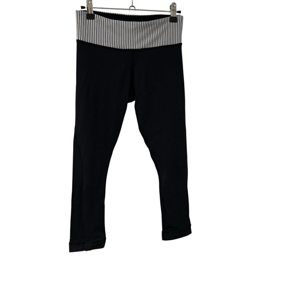 Lululemon Wunder Under Crop Leggings Black Striped Waistband Size 6